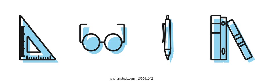 Set line Pen, Triangular ruler, Glasses and Office folders with papers and documents icon. Vector