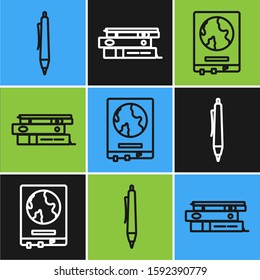 Set line Pen, World map on a school blackboard and Office folders with papers and documents icon. Vector