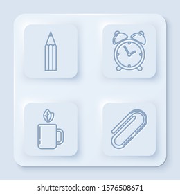 Set line Pencil, Alarm clock, Cup of tea and leaf and Paper clip. White square button. Vector