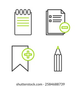 Set line Pencil, Bookmark, Document with minus and Notebook icon. Vector