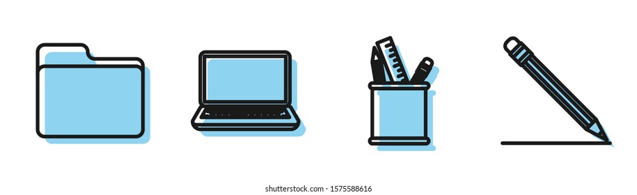Set line Pencil case stationery, Document folder, Laptop and Pencil with eraser and line icon. Vector