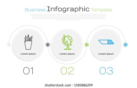 Set line Pencil case stationery, Earth globe and Eraser or rubber. Business infographic template. Vector