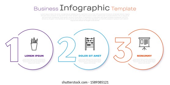 Set line Pencil case stationery, Abacus and Presentation financial board with graph, schedule, chart, diagram, infographic, pie graph. Business infographic template. Vector