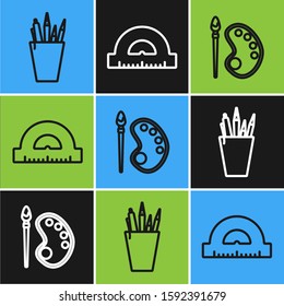 Set line Pencil case stationery, Paint brush with palette and Protractor grid for measuring degrees icon. Vector