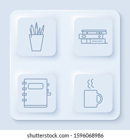 Set line Pencil case stationery, Office folders with papers and documents, Notebook and Coffee cup. White square button. Vector