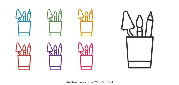 Set line Pencil case stationery icon isolated on white background. Pencil, pen, ruler in a glass for office. Set icons colorful. Vector