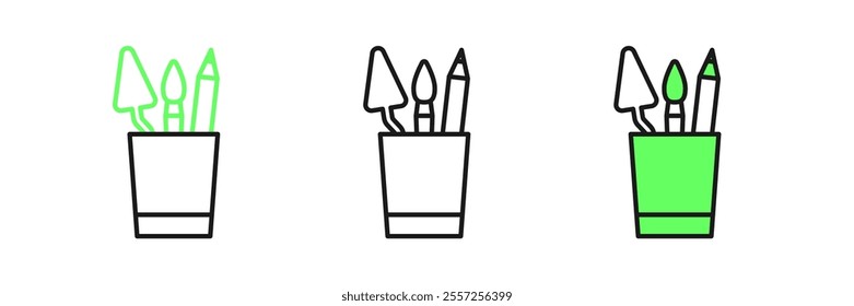 Set line Pencil case stationery icon isolated on white background. Pencil, pen, ruler in a glass for office.  Vector