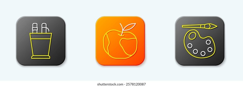Set line Pencil case stationery, Apple and Paint brush with palette icon. Vector