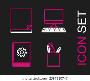 Set line Pencil case stationery, User manual, Computer monitor with keyboard and File document icon. Vector