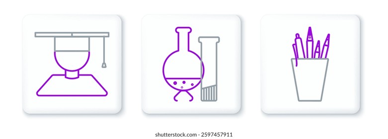 Set line Pencil case stationery, Graduate and graduation cap and Test tube flask chemical laboratory test icon. Vector
