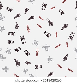 Set line Pencil case stationery, Paint bucket with brush,  and Eyedropper color picker palette on seamless pattern. Vector