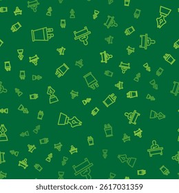 Set line Pencil case stationery, Fountain pen nib and Schoolboy sitting desk on seamless pattern. Vector