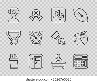 Set line Pencil case stationery, Calculator, Music note, tone, School classroom, Award cup, Alarm clock, Schoolboy sitting desk and Apple icon. Vector