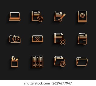Set line Pencil case stationery, Office folders with papers and documents, Laptop, Folder settings gears, Document, cross mark screen, File and Delete file icon. Vector