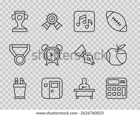 Set line Pencil case stationery, Calculator, Music note, tone, School classroom, Award cup, Alarm clock, Schoolboy sitting desk and Apple icon. Vector