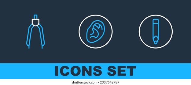 Set line Pencil, Drawing compass and Ear listen sound signal icon. Vector