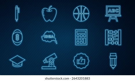 Set line Pencil with eraser, Abacus, Basketball ball, Idea, speech bubble, American Football, Calculator and Apple icon. Vector
