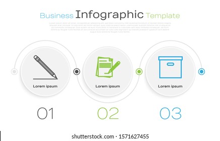 Set line Pencil with eraser and line, Blank notebook and pencil with eraser and Carton cardboard box. Business infographic template. Vector