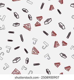 Set línea Lápiz con borrador, ladrillo, lavabo y Regla triangular y lápiz en patrón transparente. Vector