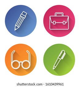 Set line Pencil with eraser, Briefcase, Glasses and Pen. Color circle button. Vector