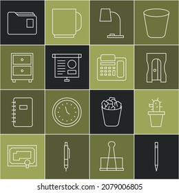 Set line Pencil with eraser, Cactus and succulent in pot, sharpener, Table lamp, Chalkboard diagram, Drawer documents, Document folder and Telephone icon. Vector