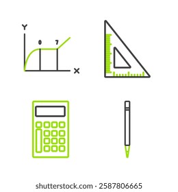 Set line Pencil with eraser, Calculator, Triangular ruler and Pie chart infographic icon. Vector