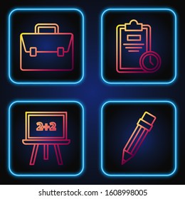 Set line Pencil with eraser, Chalkboard, Briefcase and Exam sheet with clock. Gradient color icons. Vector