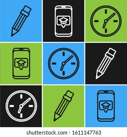 Set line Pencil with eraser, Clock and Graduation cap on screen smartphone icon. Vector
