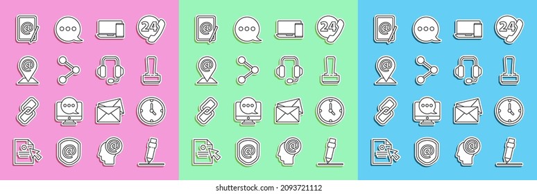 Ajuste el lápiz de línea con el icono borrador, reloj, sello, monitor y teléfono, compartir, correo electrónico de ubicación, correo y auriculares. Vector