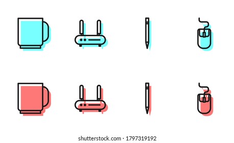 Setzen Sie die Linie Pencil mit Radier, Kaffeetasse, Router und Wi-Fi-Signal und Computer-Maus Symbol. Vektorgrafik