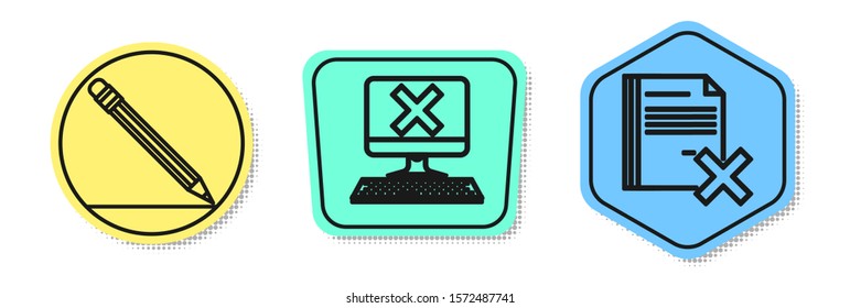 Set line Pencil with eraser and line, Computer with keyboard and x mark and Delete file document. Colored shapes. Vector