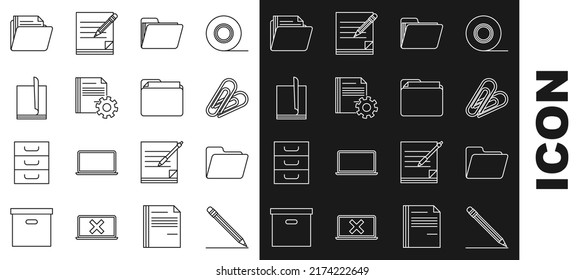 Establecer lápiz de línea con borrador y línea, carpeta de documento, clip de papel, engranajes de configuración, documento de archivo e icono. Vector