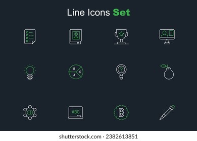 Set line Pencil with eraser, Exam paper incorrect answers, Chalkboard, Molecule, Pear, Unknown search, Pie chart infographic and Creative lamp light idea icon. Vector