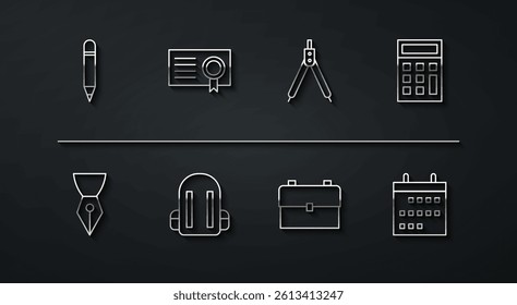 Set line Pencil with eraser, Fountain pen nib, Calculator, School backpack, Certificate template, Calendar and Drawing compass icon. Vector