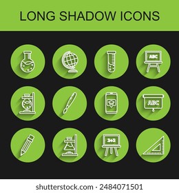 Set line Pencil with eraser, Glass test tube flask on fire, Test and chemical laboratory, Chalkboard, Triangular ruler, Paint brush,  and Graduation cap screen smartphone icon. Vector