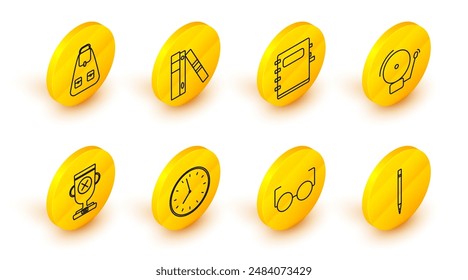 Set line Pencil with eraser, Glasses, Clock, Award cup, Ringing alarm bell, Notebook, Office folders papers and documents and School backpack icon. Vector