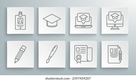 Set line Pencil with eraser, Graduation cap, Paint brush, Certificate template, Exam sheet and pencil, screen laptop, Monitor graduation and Identification badge icon. Vector