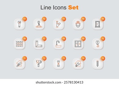 Set line Pencil with eraser, House wrench spanner, Wrench, Paint roller brush, trowel, Crane hook, Window room and Washbasin icon. Vector