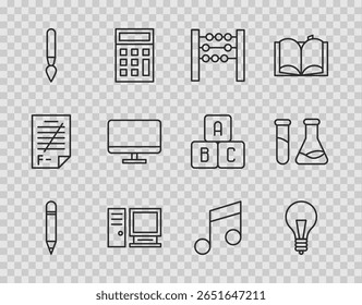 Definir linha Lápis com borracha, Conceito de lâmpada de ideia, Abacus, Monitor de computador, Pincel, tela, Nota de música, Tom e tubo de teste e ícone de balão. Vetor