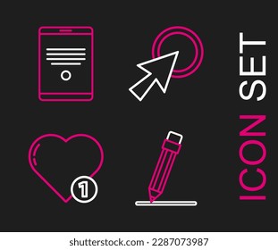 Set line Pencil with eraser, Like and heart, Arrow cursor and Tablet icon. Vector