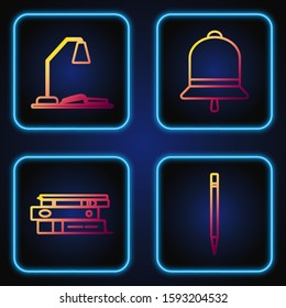 Set line Pencil with eraser, Office folders with papers and documents, Workplace with table lamp and open book and Ringing bell. Gradient color icons. Vector