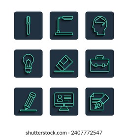 Set line Pencil with eraser, Online class, Exam sheet and pencil, Human brain, Eraser or rubber, Light bulb idea,  and Briefcase icon. Vector