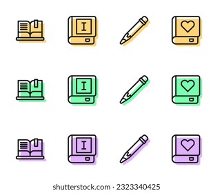 Set line Pencil with eraser, Open book, Book and Romance icon. Vector