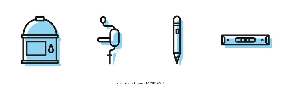 Set line Pencil with eraser, Paint bucket, Hand drill and Construction bubble level icon. Vector