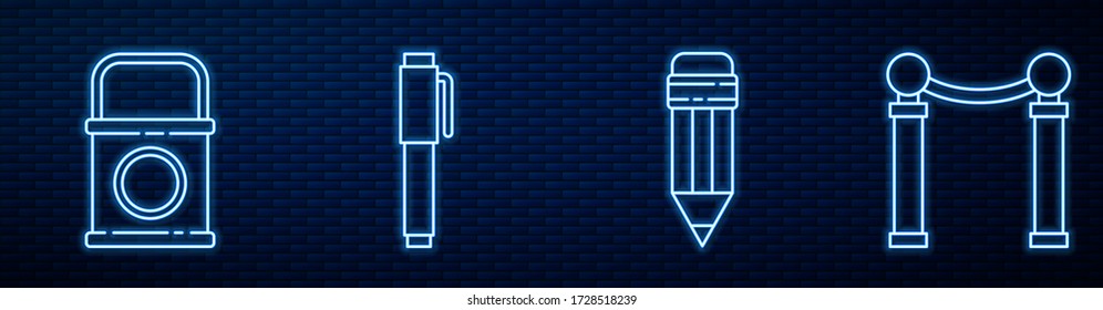 Set line Pencil with eraser, Paint bucket, Pen, Exhibition of paintings and Heart with text art. Glowing neon icon on brick wall. Vector