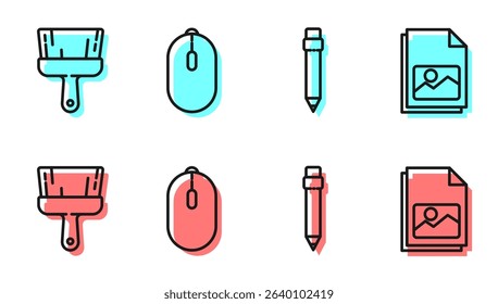 Set line Pencil with eraser, Paint brush, Computer mouse and Picture landscape icon. Vector