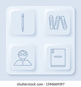 Set line Pencil with eraser, Paper clip, Student and Notebook. White square button. Vector