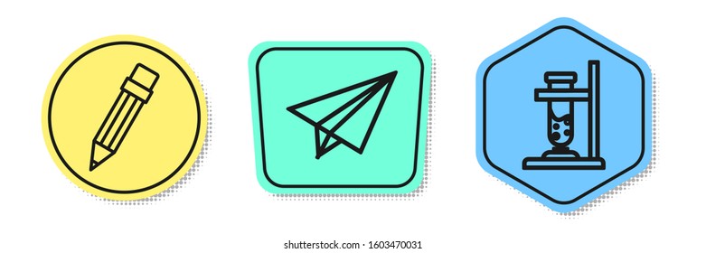 Set line Pencil with eraser, Paper airplane and Glass test tube flask on fire. Colored shapes. Vector