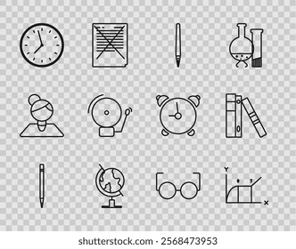 Set line Pencil with eraser, Pie chart infographic, Earth globe, Clock, Ringing alarm bell, Glasses and Office folders papers and documents icon. Vector