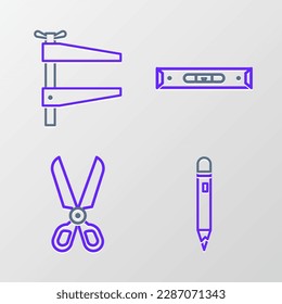 Ajuste la línea Lápiz con borrador, Tijeras, Nivel de burbuja de construcción e icono de herramienta Lámpara. Vector